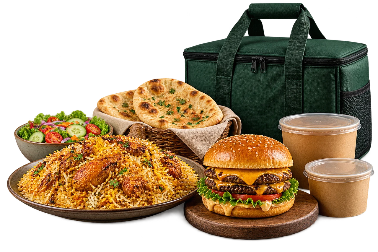Biryani, burger, naan, salad and takeaway meals with a delivery bag